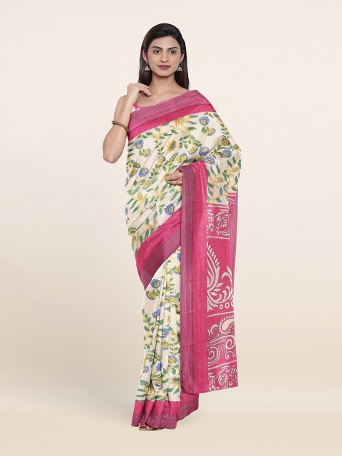 

Pothys Cream-Coloured & Pink Floral Printed Saree