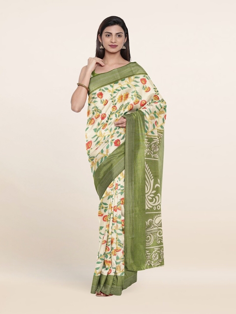 

Pothys Cream-Coloured & Green Floral Printed Cotton Blend Saree