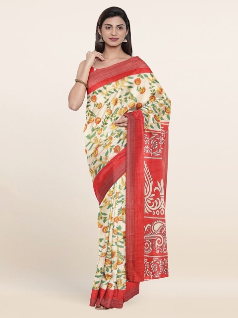 

Pothys Cream-Coloured & Red Floral Printed Cotton Blend Saree