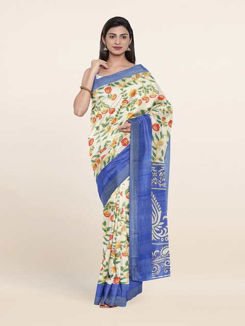 

Pothys Cream-Coloured & Blue Floral Printed Saree