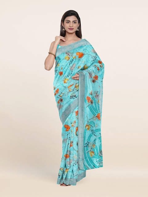 

Pothys Blue & Silver-Toned Floral Printed Saree