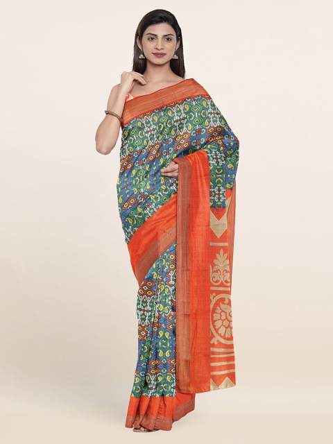 

Pothys Blue & Orange Ethnic Motifs Printed Cotton Blend Saree