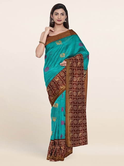 

Pothys Blue & Gold-Toned Floral Printed Saree