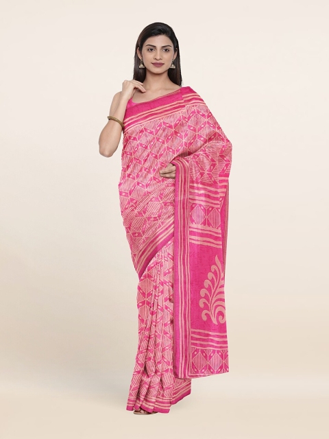 

Pothys Pink & Beige Zari Printed Cotton Blend Saree