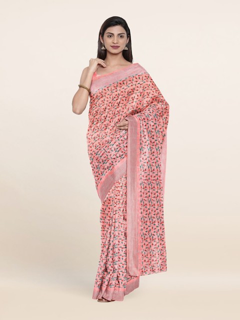 

Pothys Peach-Coloured & Green Floral Zari Saree