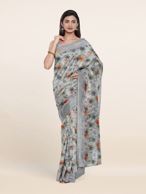 

Pothys Grey & Blue Floral Printed Cotton Blend Saree