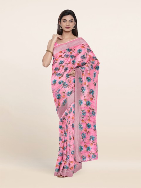 

Pothys Pink & Blue Floral Cotton Blend Saree