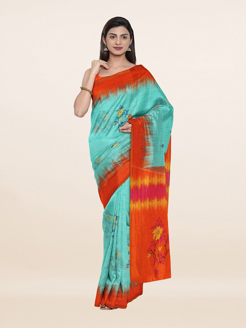 

Pothys Green & Orange Floral Cotton Blend Saree