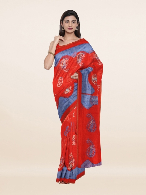 

Pothys Red & Blue Paisley Printed Cotton Blend Saree