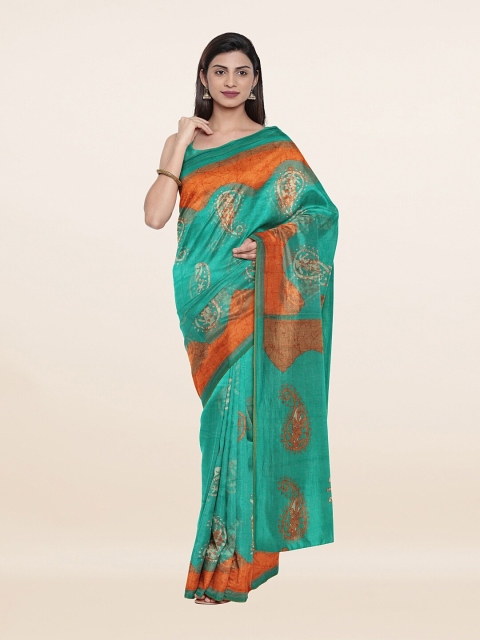 

Pothys Sea Green & Orange Paisley Printed Cotton Blend Saree