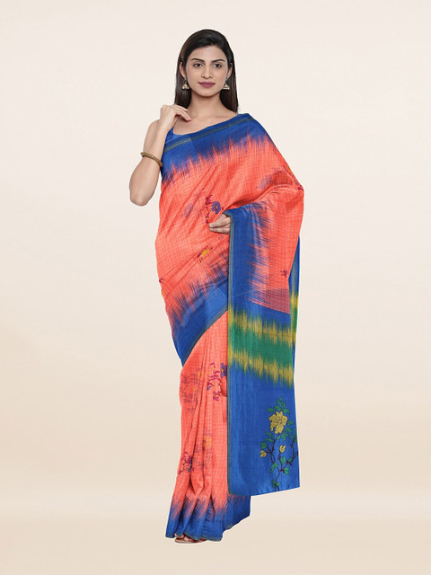 

Pothys Pink & Navy Blue Floral Printed Cotton Blend Saree