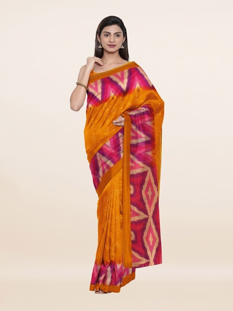 

Pothys Mustard & Pink Warli Printed Cotton Blend Saree