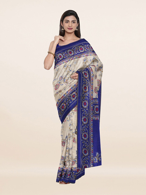 

Pothys Cream-Coloured & Blue Floral Saree