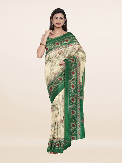 

Pothys Cream-Coloured & Green Floral Printed Cotton Blend Saree