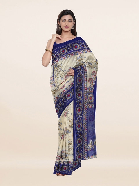 

Pothys Cream-Coloured & Blue Cotton Blend Floral Saree