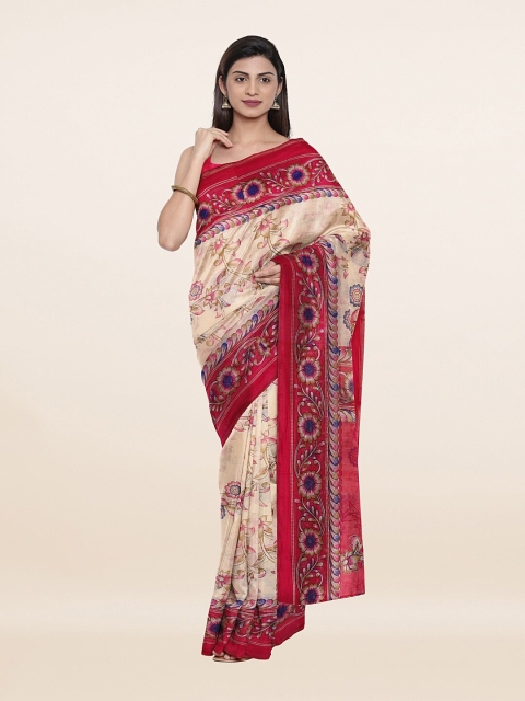 

Pothys Cream-Coloured & Maroon Floral Saree