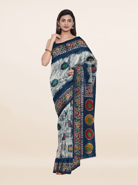 

Pothys Off White & Navy Blue Printed Cotton Blend Saree