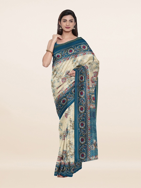 

Pothys Cream-Coloured & Blue Floral Printed Cotton Blend Saree