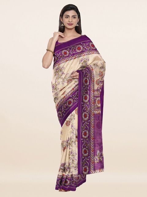 

Pothys Cream-Coloured & Purple Floral Saree