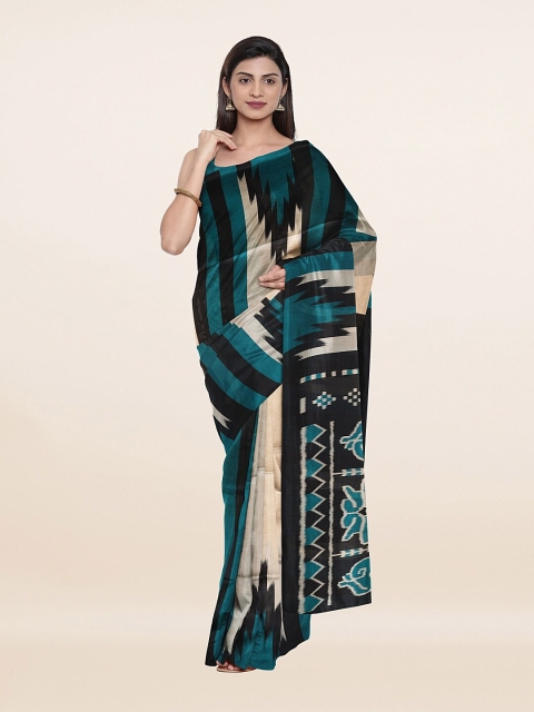

Pothys Teal & Black Printed Cotton Blend Saree
