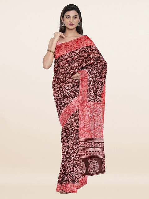 

Pothys Brown & Pink Floral Printed Cotton Blend Saree