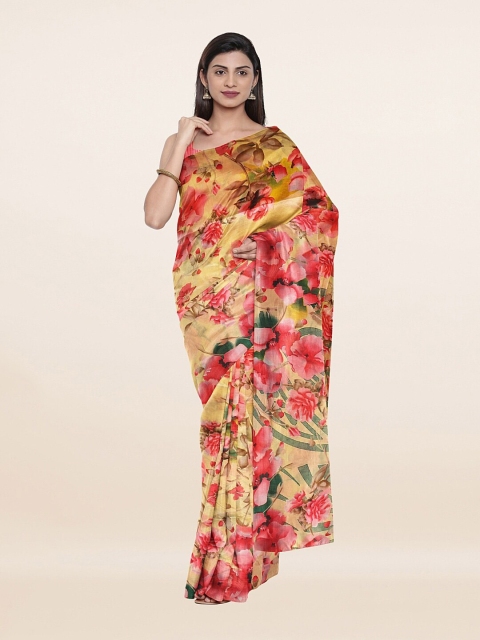 

Pothys Yellow & Pink Floral Printed Cotton Blend Saree