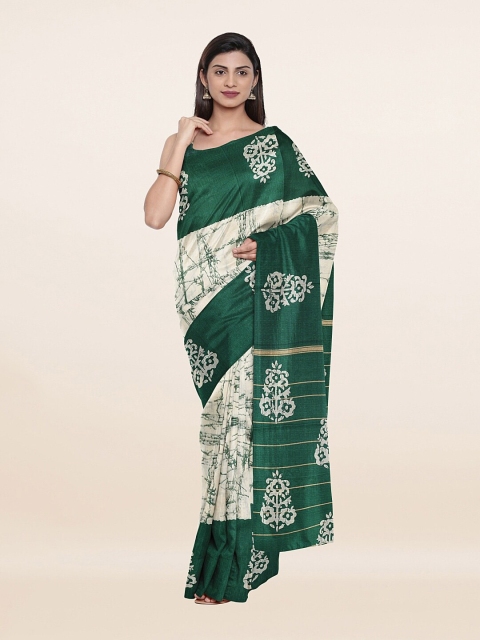 

Pothys Cream-Coloured & Green Cotton Blend Saree