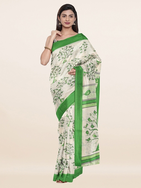 

Pothys Cream-Coloured & Green Floral Printed Cotton Blend Saree