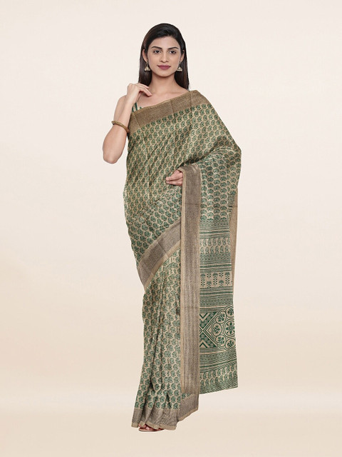 

Pothys Tan & Green Ethnic Motifs Saree