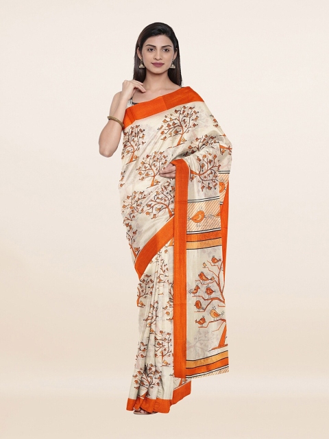 

Pothys Cream-Coloured & Orange Floral Saree