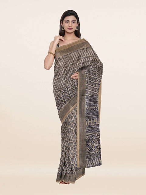 

Pothys Tan & Blue Floral Printed Saree