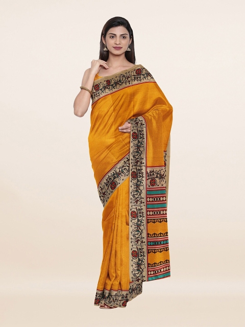 

Pothys Mustard & Black Solid Printed Cotton Blend Saree