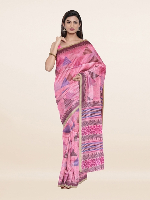 

Pothys Pink & Blue Printed Cotton Blend Saree