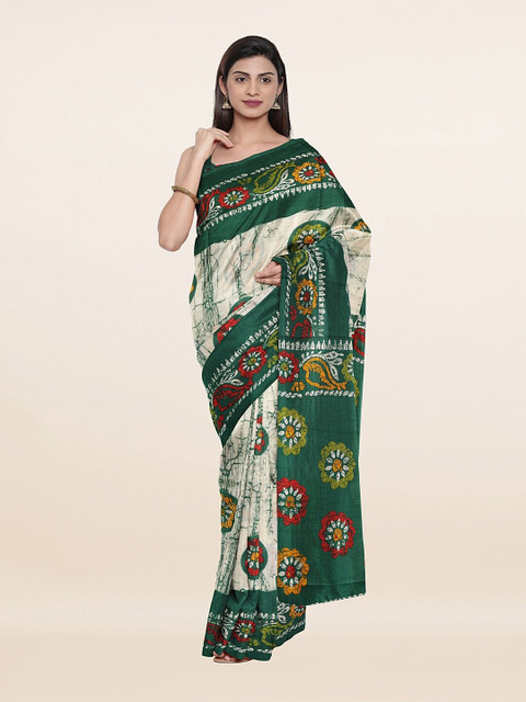 

Pothys Off White & Green Floral Printed Saree