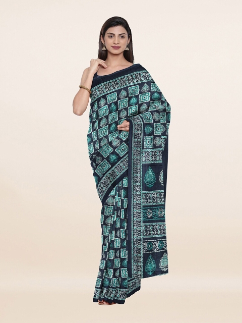 

Pothys Navy Blue & Sea Green Ethnic Motifs Printed Saree