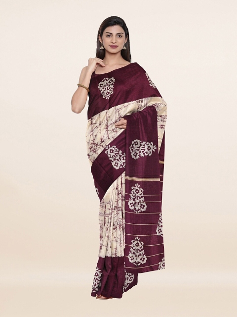 

Pothys Cream-Coloured & Burgundy Floral Printed Saree