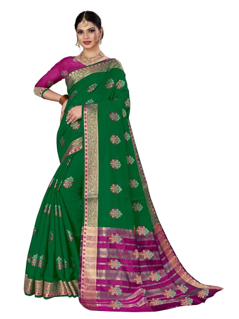 

Rivana Green & Magenta Woven Design Zari Pure Cotton Chanderi Saree