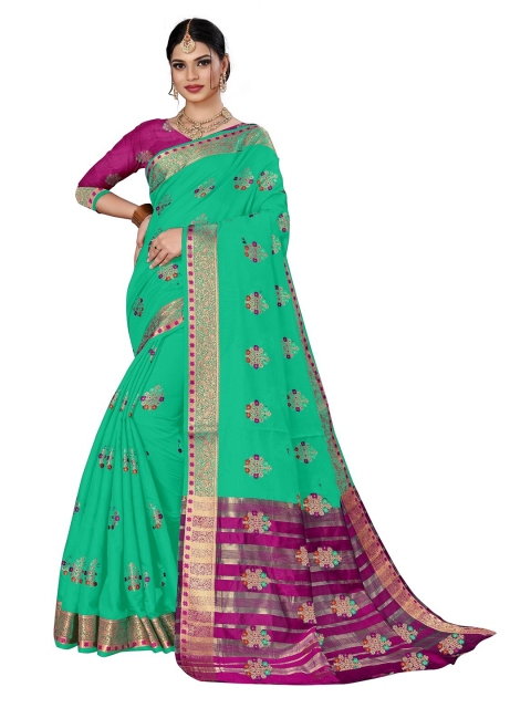 

Rivana Teal & Magenta Woven Design Zari Pure Cotton Chanderi Saree