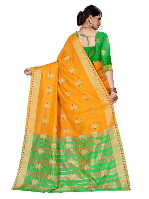 

Rivana Yellow & Green Woven Design Zari Pure Cotton Chanderi Saree