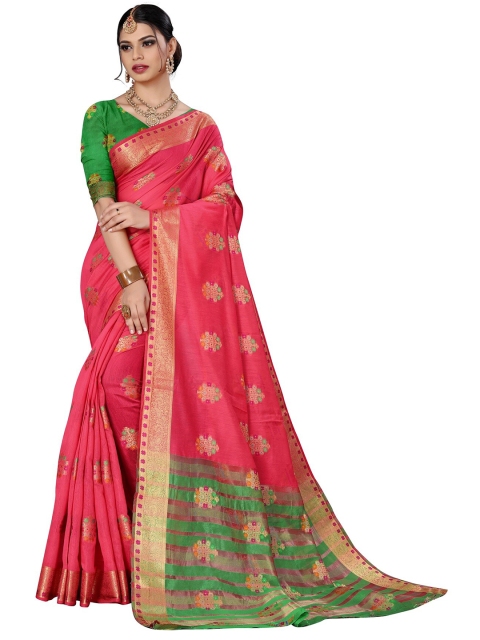 

Rivana Pink & Green Woven Design Zari Pure Cotton Chanderi Saree