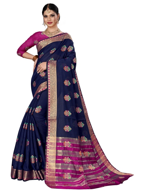 

Rivana Navy Blue & Magenta Woven Design Zari Pure Cotton Chanderi Saree