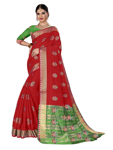 

Rivana Red & Green Woven Design Zari Pure Cotton Chanderi Saree