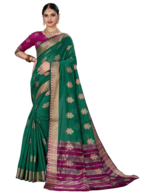 

Rivana Green & Magenta Woven Design Zari Pure Cotton Chanderi Saree