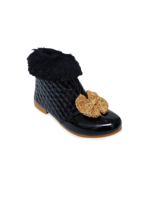 

Hopscotch Girls Black & Gold-Toned Quilted Fur Boots With Applique