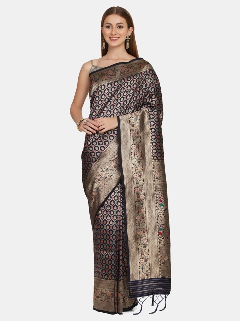 

BOMBAY SELECTIONS Navy Blue & Green Woven Design Zari Pure Silk Banarasi Saree