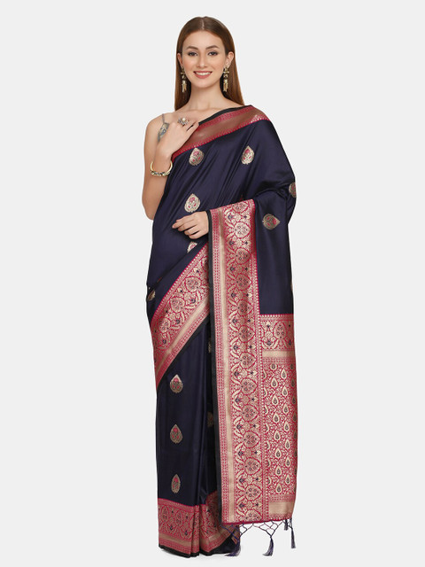 

BOMBAY SELECTIONS Navy Blue & Maroon Ethnic Motifs Zari Pure Silk Banarasi Saree
