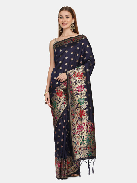 

BOMBAY SELECTIONS Navy Blue & Gold-Toned Woven Design Zari Pure Silk Banarasi Saree