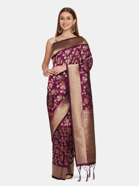 

BOMBAY SELECTIONS Purple & Orange Woven Design Zari Pure Silk Banarasi Saree