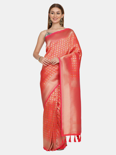 

BOMBAY SELECTIONS Pink & Orange Woven Design Zari Pure Silk Banarasi Saree