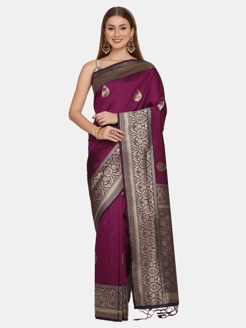 

BOMBAY SELECTIONS Purple & Gold-Toned Woven Design Pure Silk Banarasi Saree